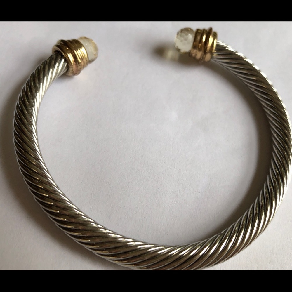 Cable Cuff Bracelet silver/gold tone 2 1/2” clear crystal faceted bead ends